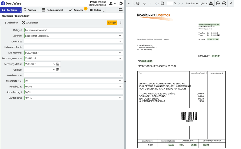 Intelligent Indexing liest die Daten einer Rechnung aus.